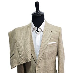 Jaymar Suit 42L 32x32 Raw Tweed Silk Glen Plaid Unstructured Beige Patch Pockets